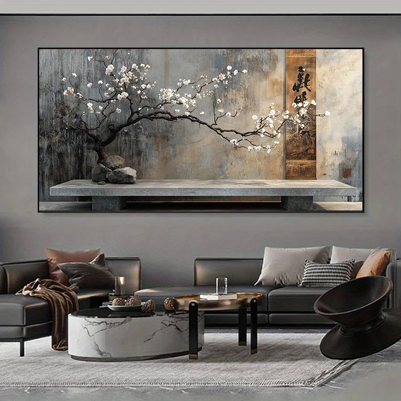 Large Frameless Abstract Canvas Art Vintage Stone Terrace & Flower Branch Print, Wall Decor for Living Room, Bedroom Wall Art