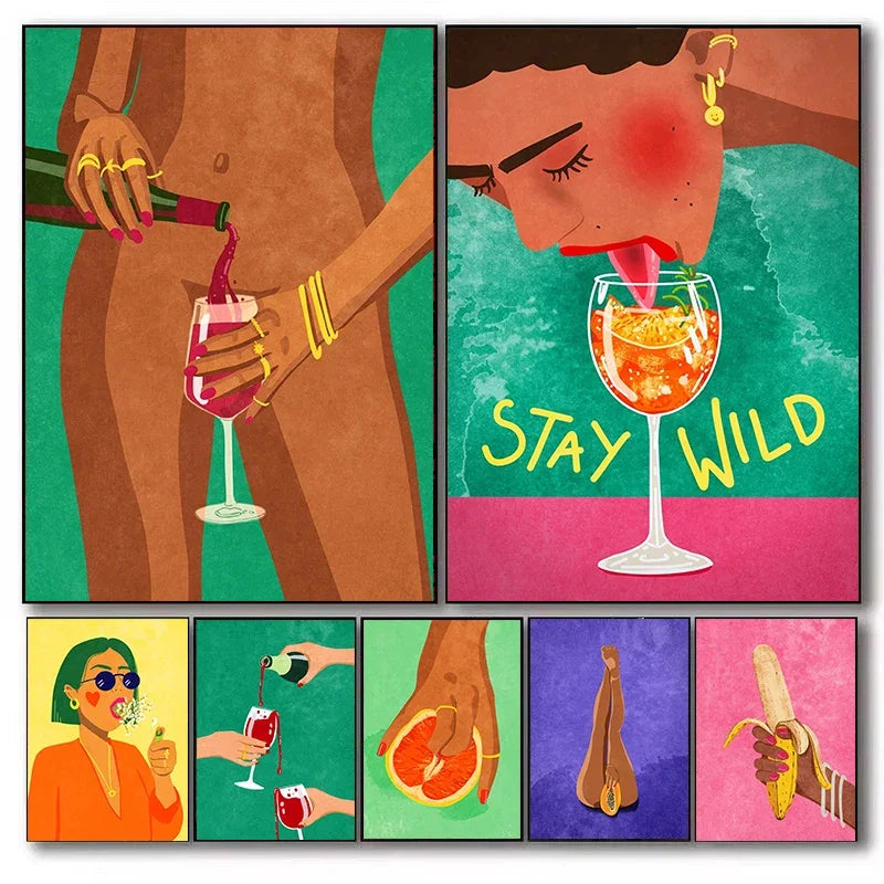 Sexy Girl Love Illustration Drink Wine Fruit Abstract Wall Art Canvas Painting Posters Prints Wall Picture for Living Room Decor