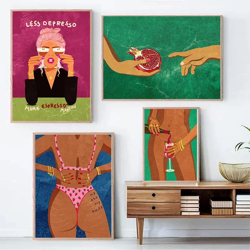 Sexy Girl Love Illustration Drink Wine Fruit Abstract Wall Art Canvas Painting Posters Prints Wall Picture for Living Room Decor