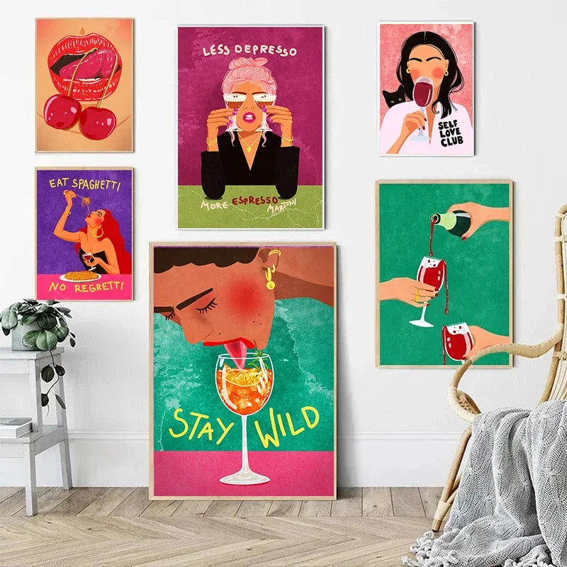 Sexy Girl Love Illustration Drink Wine Fruit Abstract Wall Art Canvas Painting Posters Prints Wall Picture for Living Room Decor