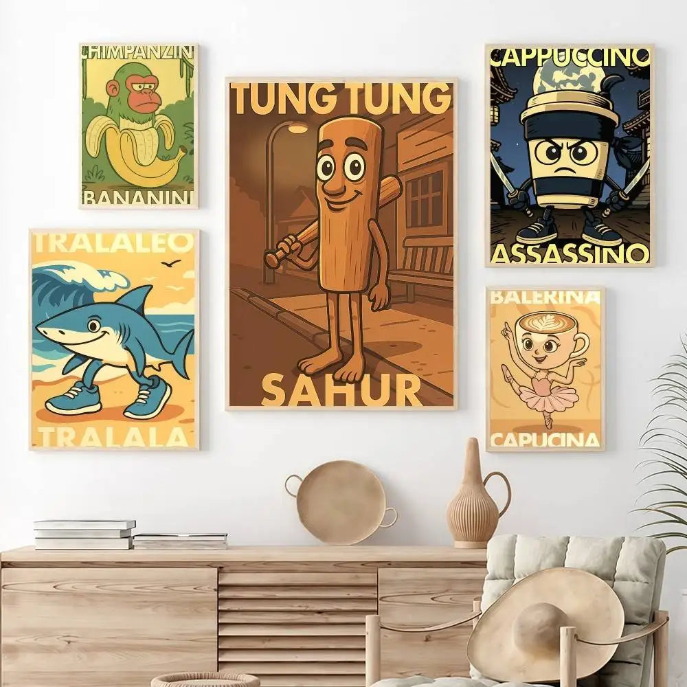 I-ItalianS-ES B-BrainrotS-ES Poster Stickers Art Print Retro Artistic Wall Decor HD Living Room Bedroom Home Decor Unique Gift