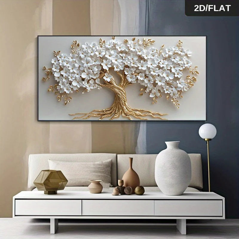 1pc Modern Abstract Golden Tree with White Flowers Print Art Wall Decor Canvas Frameless Poster Home Decor, Elegant Wall Art