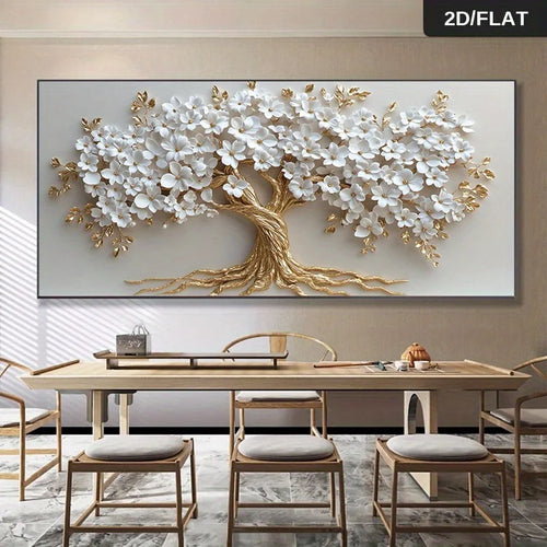 1pc Modern Abstract Golden Tree with White Flowers Print Art Wall Decor Canvas Frameless Poster Home Decor, Elegant Wall Art