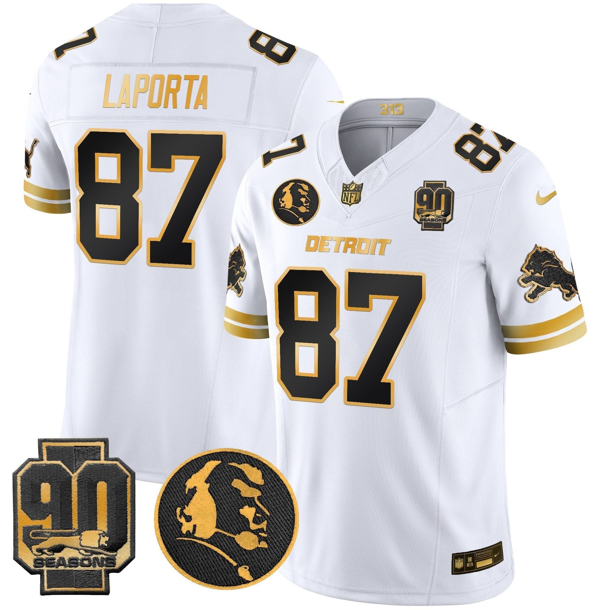 Detroit Lions 2024 90th & John Madden Patch Gold Vapor Limited Jersey V2 - All Stitched